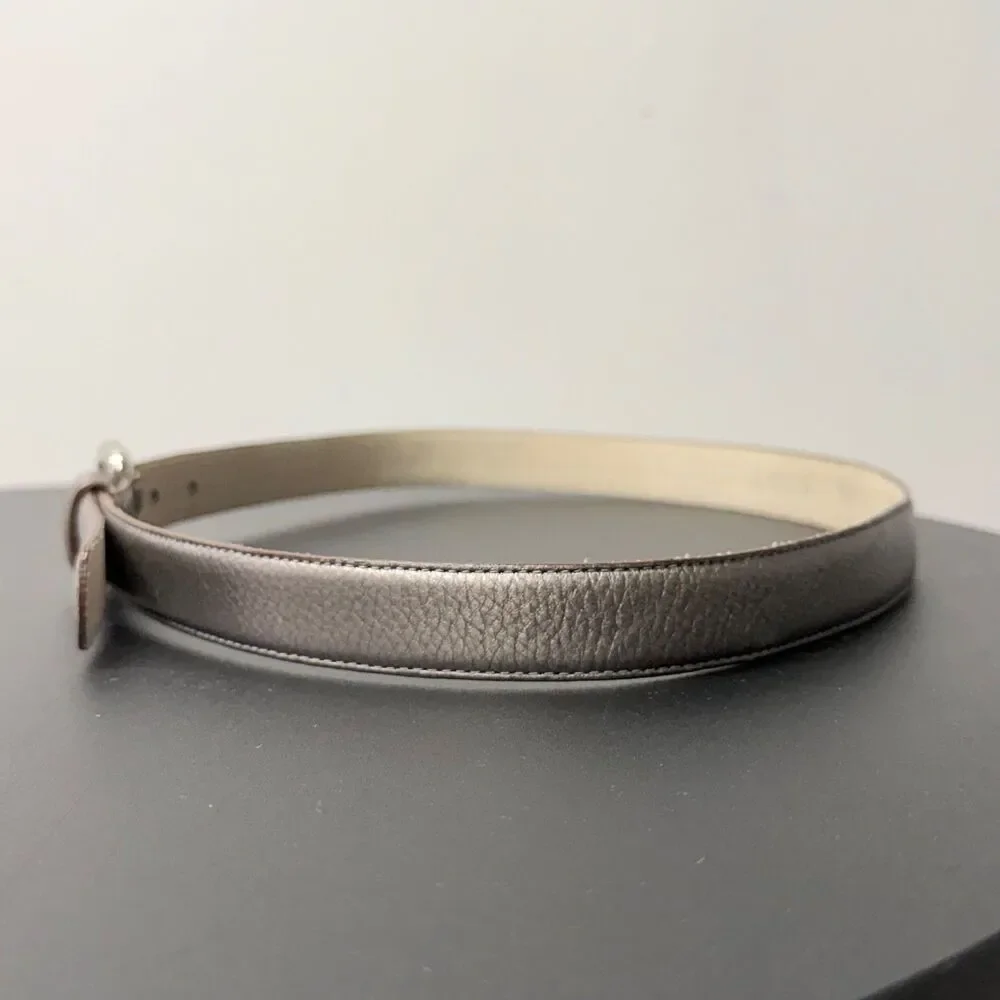 Lodis Genuine Leather Belt Women Metallic Bronze Skinny Belt Silver Buckle 38”